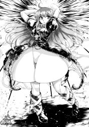 Rule 34 | 1girl, beads, blonde hair, breasts, cross-laced clothes, cross-laced footwear, dress, frilled dress, frills, gradient hair, greyscale, hijiri byakuren, large breasts, layered dress, light rays, lightning, long hair, looking at viewer, monochrome, multicolored hair, open mouth, prayer beads, puffy short sleeves, puffy sleeves, purple hair, short sleeves, skirt, solo, touhou, umigarasu (kitsune1963)