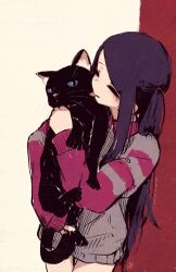 1girl absurdres animal black_hair cat closed_eyes closed_mouth commentary fore_(va-11_hall-a) grey_sweater highres holding holding_animal holding_cat jill_stingray long_hair long_sleeves rnna sidelocks solo sweater twintails va-11_hall-a