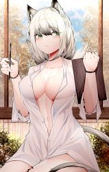 Rule 34 | 1girl, absurdres, animal ears, arknights, black bracelet, breasts, cat ears, cat girl, cat tail, cleavage, clipboard, cowboy shot, green eyes, grey hair, hair between eyes, highres, holding, holding clipboard, holding pencil, indoors, kal&#039;tsit (arknights), large breasts, looking at viewer, material growth, naked shirt, navel, oripathy lesion (arknights), pencil, plant, samip, shirt, short hair, short sleeves, sitting, solo, tail, thighs, tree, white shirt, window