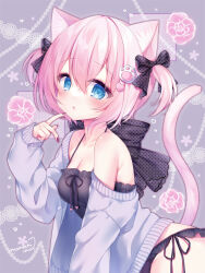 Rule 34 | 1girl, animal ear fluff, animal ears, bare shoulders, black bow, blue eyes, bow, breasts, cat ears, cat girl, cat tail, commentary request, finger to cheek, hair bow, hair ornament, hairclip, heart, heart hair ornament, highres, long sleeves, looking at viewer, medium breasts, momochi chia, nail polish, off shoulder, original, panties, paw hair ornament, pink hair, short hair, solo, tail, underwear