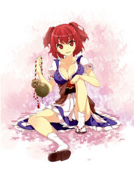 Rule 34 | 1girl, breasts, cleavage, female focus, fujino ichi, gourd, hair bobbles, hair ornament, large breasts, legs, melodybullet, onozuka komachi, red eyes, red hair, sandals, short hair, solo, tabi, touhou, twintails, two side up, zouri