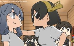 Rule 34 | 3girls, afterimage, against wall, alternate costume, black hair, blue eyes, blue hair, camera, character request, commentary request, crossover, dated, animal crossing, eye contact, gotland (kancolle), hamu koutarou, harvey (animal crossing), highres, indoors, isonami (kancolle), kantai collection, kirishima (kancolle), looking at another, mole, mole under eye, motion blur, multiple girls, nintendo, shirt, short hair, sparkle, sunglasses, t-shirt, upper body, kabedon, white shirt, wooden wall