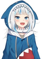 Rule 34 | 1girl, :d, absurdres, animal hood, atora, bad id, bad pixiv id, blue eyes, blue hair, blunt bangs, blush, collarbone, commentary request, fish, gawr gura, gawr gura (1st costume), highres, hololive, hololive english, hood, hood up, hoodie, long hair, long sleeves, looking at viewer, multicolored hair, open mouth, shark hood, sharp teeth, simple background, smile, solo, streaked hair, teeth, upper body, upper teeth only, virtual youtuber, white background, white hair