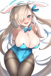 Rule 34 | 1girl, :d, animal ears, aqua bow, aqua bowtie, aqua eyes, aqua leotard, arm behind back, asuna (blue archive), asuna (bunny) (blue archive), bare shoulders, black pantyhose, blonde hair, blue archive, bow, bowtie, breasts, brown hair, cleavage, commentary request, covered navel, cowboy shot, detached collar, dot nose, elbow gloves, fake animal ears, forehead, gloves, hair ornament, hair over one eye, hair ribbon, halo, hand up, highleg, highleg leotard, highres, large breasts, leotard, long hair, mole, mole on breast, no bra, nyas0123, official alternate costume, open mouth, pantyhose, parted bangs, playboy bunny, ribbon, sagging breasts, shadow, signature, simple background, smile, solo, strapless, strapless leotard, teeth, thigh gap, tongue, upper teeth only, very long hair, white background, white gloves