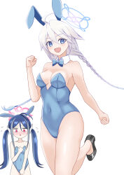 Rule 34 | 2girls, absurdres, ahoge, alternate costume, animal ears, antenna hair, black footwear, blue archive, blue bow, blue bowtie, blue eyes, blue hair, blue halo, blue leotard, blush, bow, bowtie, braid, breasts, clenched hands, detached collar, embarrassed, fake animal ears, fubuki (blue archive), hair between eyes, hair tie, halo, highres, ikurage (namakurage 13), kirino (blue archive), leotard, long hair, medium breasts, multicolored hair, multiple girls, navel, open mouth, pink eyes, pink halo, playboy bunny, simple background, strapless, strapless leotard, sweatdrop, swept bangs, triangle mouth, twin braids, twintails, white background, white hair