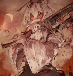 Rule 34 | 1girl, absurdres, animal ears, black skirt, covering own mouth, cowboy shot, crescent moon, detached sleeves, hair between eyes, hat, higasa rin, highres, holding, holding weapon, inubashiri momiji, moon, orange eyes, orange sky, outdoors, pale skin, pom pom (clothes), red hat, ribbon-trimmed sleeves, ribbon trim, shaded face, shirt, short hair, sketch, skirt, sky, solo, tokin hat, touhou, weapon, weapon request, white hair, white shirt, white sleeves, wide-eyed, wide sleeves, wolf ears