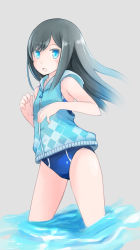 Rule 34 | 10s, 1girl, asashio (kancolle), bad id, bad pixiv id, black hair, blue eyes, blue one-piece swimsuit, comah, competition swimsuit, hood, hooded, hoodie, kantai collection, long hair, one-piece swimsuit, open mouth, personification, sleeveless, sleeveless hoodie, solo, swimsuit, swimsuit under clothes, vest, water