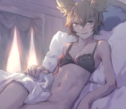 Rule 34 | 1girl, absurdres, bare shoulders, bed, big hair, black bra, blonde hair, bottomless, bra, breasts, cleavage, come hither, commentary request, covering crotch, covering privates, cowboy shot, curtains, eyebrows hidden by hair, grin, highres, lying, navel, on back, pillow, senmu t, small breasts, smile, solo, touhou, toyosatomimi no miko, underwear, underwear only, yellow eyes