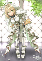 Rule 34 | 10s, 1girl, absurdres, ahoge, backlighting, belt, blonde hair, blurry, blush, boots, breasts, bridal veil, chain, closed mouth, depth of field, dress, fate/extra, fate/extra ccc, fate (series), flower, flower wreath, full body, green eyes, hair between eyes, hair intakes, hieung, highres, large breasts, leaning forward, lock, long dress, looking at viewer, nero claudius (bride) (fate), nero claudius (fate), nero claudius (fate) (all), padlock, plant, short hair with long locks, showgirl skirt, smile, solo, standing, tile floor, tiles, veil, white flower, window, zipper