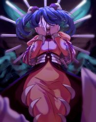 Rule 34 | 1girl, absurdres, aged down, alternate costume, alternate form, alternate universe, blue hair, corsage, covering own eyes, dress, hair ornament, highres, open mouth, screaming, skull hair ornament, skullgirls, solo, squigly (skullgirls), supacreams, twintails