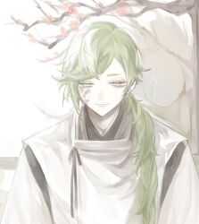 Rule 34 | 1boy, black kimono, green eyes, green hair, ha yasen, hair over one eye, hair over shoulder, indoors, japanese clothes, kariginu, kimono, long hair, looking at viewer, looking down, low ponytail, male focus, painting (object), scar, scar on face, smile, solo, straight-on, swept bangs, touken ranbu, uguisumaru, upper body
