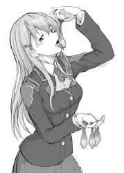 Rule 34 | 10s, 1girl, blush, condom, female focus, greyscale, hair ornament, hairclip, jpeg artifacts, kantai collection, long hair, looking at viewer, monochrome, naughty face, open mouth, school uniform, shiny skin, simple background, skirt, solo, suzuya (kancolle), tongue, used condom, white background, yozo (stanky)