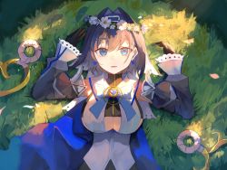 Rule 34 | 1girl, anatom orange, bad id, bad pixiv id, black gloves, blue bow, blue bowtie, blue cape, blue eyes, blue hair, bow, bow earrings, bowtie, breasts, brooch, cape, chain, cleavage cutout, clothing cutout, detached sleeves, earrings, fangs, flower, gloves, grass, hair intakes, head wreath, highres, hololive, hololive english, jewelry, large breasts, lying, on back, on grass, ouro kronii, parted lips, shirt, short hair, solo, underboob, upper body, virtual youtuber, white flower, white shirt