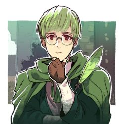 Rule 34 | 1boy, artist name, brown eyes, burasto, cape, feathers, fingerless gloves, fire emblem, fire emblem: three houses, glasses, gloves, green hair, hand on own chin, ignatz victor, male focus, nintendo, solo, stroking own chin, upper body, white background