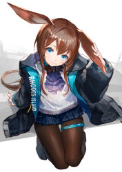 Rule 34 | 1girl, amiya (arknights), animal ears, arknights, ascot, black coat, blue eyes, blue skirt, brown hair, brown pantyhose, closed mouth, coat, from above, full body, hand on own ear, highres, hood, hood down, hooded coat, jewelry, long hair, long sleeves, looking at viewer, looking up, miniskirt, multiple rings, nima (niru54), open clothes, open coat, pantyhose, plaid, plaid skirt, pleated skirt, purple ascot, rabbit ears, ring, shirt, signature, sitting, skirt, smile, solo, thigh gap, thighlet, very long hair, white shirt