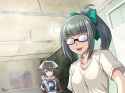 Rule 34 | 2girls, artist name, black hair, blouse, blue serafuku, bow, brown shawl, collarbone, commentary request, dated, glasses, green bow, grey hair, hair bow, hair flaps, hair ornament, high ponytail, holding, holding knife, indoors, jingei (kancolle), kantai collection, kitchen knife, knife, long hair, meme, multiple girls, neckerchief, nine years in a coma (meme), open mouth, ponytail, red eyes, scene reference, school uniform, serafuku, shawl, shirt, short sleeves, signature, smile, t-shirt, tk8d32, whale hair ornament, white neckerchief, white shirt, yuubari (kancolle)