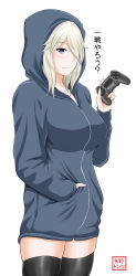 Rule 34 | 1girl, blonde hair, breasts, colorized, commentary request, controller, dualshock, game controller, gamepad, hair over one eye, hand in pocket, highres, hood, hood up, hoodie, large breasts, looking at viewer, original, playstation controller, purple eyes, sabo rina, smile, solo, thighhighs, translated, yano toshinori, zettai ryouiki