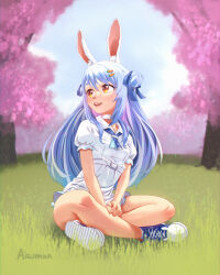 Rule 34 | 1girl, absurdres, aisuman, animal ear fluff, artist name, blue footwear, blue hair, blue ribbon, carrot hair ornament, choker, double bun, female focus, food-themed hair ornament, full body, grass, hair bun, hair ornament, hair ribbon, highres, hololive, indian style, lips, long hair, looking to the side, on grass, on ground, open mouth, orange eyes, outdoors, rabbit-shaped pupils, rabbit ears, rabbit girl, ribbon, shirt, shoe soles, shoes, short eyebrows, short sleeves, sitting, smile, sneakers, solo, symbol-shaped pupils, thighs, tree, usada pekora, virtual youtuber, white choker, white shirt