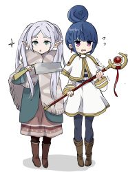 Rule 34 | 2girls, blue hair, blush, capelet, chibi, commentary request, cosplay, costume switch, dress, earrings, elf, frieren, green eyes, grey hair, hair bun, highres, holding, holding knife, holding staff, jewelry, knife, long hair, long sleeves, looking at viewer, mage staff, mint (mintlemonade3), multiple girls, open mouth, pantyhose, parted bangs, pointy ears, purple eyes, scarf, shima rin, simple background, single hair bun, sousou no frieren, staff, twintails, white background, white capelet, white dress, white hair, yurucamp