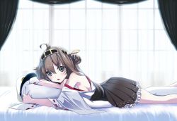 Rule 34 | 10s, 1girl, ahoge, blush, breasts, brown hair, detached sleeves, hairband, hat, headgear, kantai collection, kongou (kancolle), large breasts, long hair, looking at viewer, lying, nontraditional miko, on stomach, open mouth, sideboob, skirt, solo, wide sleeves, yonasawa