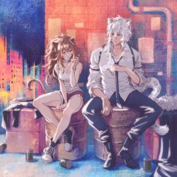 Rule 34 | 1boy, 1girl, animal ears, arknights, arm support, bare arms, bare legs, bare shoulders, black choker, black footwear, black neckwear, black pants, boots, breasts, brick wall, brown eyes, brown hair, can, candy, chinese commentary, choker, cigarette, cleavage, commentary request, cutoffs, food, grey eyes, hair between eyes, hand up, highres, holding, holding cigarette, holding food, leopard ears, leopard tail, lion ears, lion tail, lollipop, long hair, looking at another, medium breasts, necktie, pants, red shorts, shantianajiang, shirt, shoes, short shorts, shorts, sidelocks, siege (arknights), silver hair, silverash (arknights), silverash (elite ii) (arknights), sitting, smoke, sneakers, tail, tank top, thighs, white shirt, white tank top