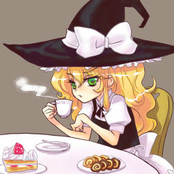 Rule 34 | 1girl, blonde hair, cake, cake slice, chair, cookie, cup, female focus, food, fruit, girotin ginza, green eyes, hat, kirisame marisa, pastry, plate, sitting, solo, spoon, steam, strawberry, strawberry shortcake, table, tea, teacup, touhou, witch, witch hat