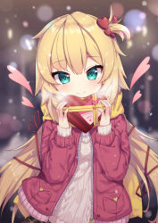Rule 34 | 1girl, akai haato, aran sweater, blonde hair, blurry, blurry background, blush, box, breath, brown sweater, cable knit, closed mouth, commentary request, dated, depth of field, fingernails, gift, gift box, green eyes, haaton (akai haato), hair between eyes, hair ornament, hair ribbon, hands up, heart, heart-shaped box, heart hair ornament, highres, holding, holding gift, hololive, jacket, long hair, long sleeves, neps-l, one side up, open clothes, open jacket, pig, puffy long sleeves, puffy sleeves, red jacket, red ribbon, ribbed sweater, ribbon, signature, smile, solo, sweater, upper body, valentine, very long hair, virtual youtuber