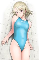 Rule 34 | 1girl, aqua one-piece swimsuit, blonde hair, breasts, cameltoe, collarbone, commentary request, competition swimsuit, cowboy shot, looking at viewer, lying, one-piece swimsuit, original, plus step, red eyes, short hair, small breasts, solo, swimsuit, tile floor, tiles