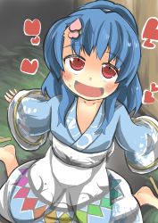 Rule 34 | 1girl, alternate costume, alternate hairstyle, arm support, blue hair, blush, bow, collarbone, gaoo (frpjx283), grass, hair bow, heart, highres, hinanawi tenshi, japanese clothes, kimono, long hair, looking at viewer, obi, ponytail, red eyes, sandals, sash, sitting, smile, solo, touhou, wariza