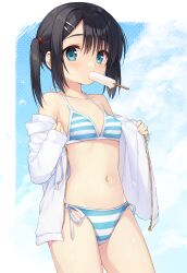 Rule 34 | 1girl, alternate costume, aqua eyes, bare shoulders, bikini, black hair, blue sky, blush, border, breasts, cofetaru, collarbone, commentary, cowboy shot, day, dracu-riot!, eyelashes, food, food in mouth, hair between eyes, hair ornament, hairclip, halterneck, highres, jacket, looking at viewer, medium hair, mera azusa, navel, open clothes, open jacket, outdoors, popsicle, popsicle in mouth, shiny skin, side-tie bikini bottom, side ponytail, sky, sleeves past wrists, small breasts, solo, standing, stomach, striped bikini, striped clothes, swimsuit, undressing, white border, white jacket
