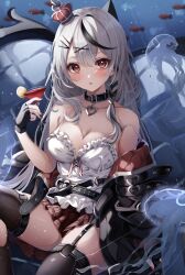 Rule 34 | 1girl, belt, belt collar, black belt, black collar, black garter straps, black gloves, black hair, black jacket, black thighhighs, blush, braid, breasts, cleavage, collar, crown, cup, drinking glass, fingerless gloves, fish, garter straps, gloves, grey hair, hair ornament, heart belt, highres, holding, holding cup, hololive, jacket, jellyfish, large breasts, long hair, looking at viewer, mini crown, miniskirt, multicolored clothes, multicolored hair, nail polish, red eyes, red jacket, red nails, red skirt, sa-ya2, sakamata chloe, sakamata chloe (1st costume), single braid, skirt, streaked hair, thighhighs, torn clothes, torn thighhighs, two-sided fabric, two-sided jacket, underwater, virtual youtuber, water, wine glass, x hair ornament