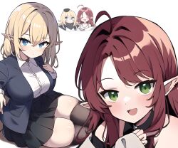 Rule 34 | 2girls, absurdres, ahoge, alternate costume, arknights, black skirt, black thighhighs, blonde hair, blue eyes, closed eyes, closed mouth, collared shirt, commentary, durin (arknights), ear piercing, english commentary, green eyes, hair between eyes, hat, highres, long hair, mini hat, multiple girls, myown, myrtle (arknights), open mouth, piercing, pleated skirt, pointy ears, red hair, shirt, simple background, sitting, skirt, smile, thighhighs, white background, white shirt