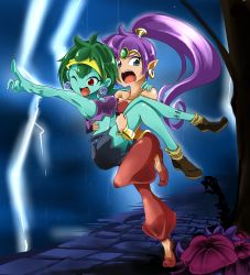 Rule 34 | 2girls, absurdres, armpits, bandeau, blue eyes, bracer, breasts, carrying, cleavage, colored skin, disembodied limb, earrings, flower, gameplay mechanics, gokuu (acoloredpencil), green hair, green skin, harem pants, headband, highres, jewelry, lightning, long hair, multiple girls, night, one eye closed, open mouth, outdoors, outstretched arm, pants, pointing, pointy ears, ponytail, princess carry, rain, red eyes, rottytops, running, shantae, shantae (series), shantae and the pirate&#039;s curse, shoes, short hair, shorts, sideboob, smile, socks, standing, standing on one leg, tiara, very long hair, zombie