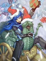 Rule 34 | !?, 1boy, 2others, arm up, asymmetrical hair, bad id, bad twitter id, blue hair, blurry, blurry foreground, bodysuit, box, christmas, feet out of frame, fur trim, gift, gift box, girimehkala, hands up, hat, hug, long hair, lower teeth only, male focus, mara (megami tensei), misplaced genitals, multiple others, open mouth, penis head, protagonist (smtv), sack, santa hat, shin megami tensei, shin megami tensei v, single sidelock, sitting, snowing, teeth, umeeeyoukan