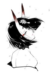Rule 34 | bad id, bad pixiv id, black hair, eyeshadow, fate/grand order, fate (series), from behind, greyscale, head tilt, horns, lipstick, looking at viewer, looking back, makeup, monochrome, nito (siccarol), short hair, shuten douji (fate), skin-covered horns, smile, spot color, upper body