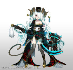 Rule 34 | 1girl, aura, axe, black footwear, black hat, black kimono, boots, commentary request, copyright notice, copyright request, curled horns, dark aura, eyebrows hidden by hair, full body, gradient background, grey background, grey thighhighs, hair over one eye, hat, highres, holding, holding axe, horns, itamidome, japanese clothes, kimono, long hair, long sleeves, looking at viewer, mini hat, obi, off shoulder, official art, parted lips, platform footwear, red eyes, sash, sleeves past fingers, sleeves past wrists, solo, standing, thighhighs, thighhighs under boots, very long hair, watermark, white background, white hair