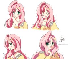 Rule 34 | &gt;:), &gt;:d, 10s, 1girl, 2012, :d, aqua eyes, butterfly hair ornament, character sheet, dated, earrings, closed eyes, fluttershy, from side, hair ornament, jewelry, my little pony, my little pony: friendship is magic, open mouth, personification, pink hair, sad, sakurano ru, signature, smile, solo, tears, v-shaped eyebrows, watermark, web address, white background