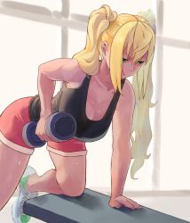 Rule 34 | 1girl, absurdres, bad id, bad pixiv id, bench, black tank top, blonde hair, breasts, cleavage, collarbone, commentary request, dumbbell, dumbbell nan kilo moteru?, exercising, eyelashes, fingernails, green eyes, highres, holding, long hair, niwatori (n3rke8ys), on bench, red shorts, sakura hibiki, shoes, shorts, sneakers, solo, sweat, tank top, two-tone footwear, weightlifting