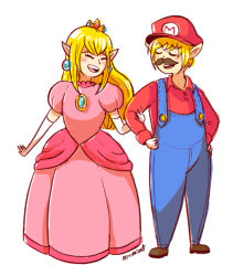 Rule 34 | 1boy, 1girl, blush, company connection, cosplay, crossover, crown, earrings, elbow gloves, closed eyes, facial hair, gloves, hat, jewelry, link, mario, mario (cosplay), mario (series), mustache, nintendo, omocat, pointy ears, princess peach, princess peach (cosplay), princess zelda, smile, the legend of zelda