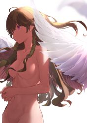 Rule 34 | 1girl, absurdres, angel, angel wings, braid, breasts, brown hair, floating hair, hair censor, hair over breasts, highres, large breasts, long hair, nanashita shiki, navel, nude, own hands clasped, own hands together, purple eyes, sayonara wo oshiete, solo, standing, sugamo mutsuki, very long hair, wings