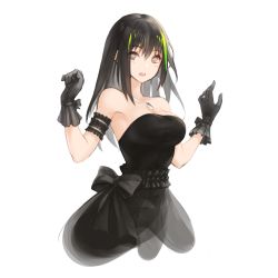 Rule 34 | 1girl, arm garter, black dress, black gloves, black hair, blush, breasts, brown eyes, cleavage, cropped legs, dog tags, dress, girls&#039; frontline, gloves, hair between eyes, highres, long hair, m4a1 (girls&#039; frontline), medium breasts, multicolored hair, npt shizuka, open mouth, ribbon, simple background, sketch, solo, strapless, strapless dress, white background