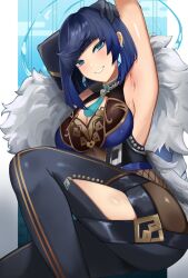 Rule 34 | 1girl, armpits, arms up, asymmetrical gloves, bare shoulders, black gloves, blue dress, blue eyes, bob cut, breasts, cleavage cutout, clothing cutout, commentary, diagonal bangs, dice, dress, elbow gloves, fur trim, genshin impact, gloves, grin, highres, jacket, jacket on shoulders, jewelry, large breasts, looking at viewer, sennei, short hair, smile, solo, thighhighs, vision (genshin impact), yelan (genshin impact)