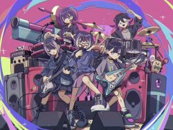 5girls ;d aca-ne_(zutomayo) black_choker black_footwear black_hair blue_jacket blue_skirt boots choker colored_inner_hair demon_horns drum glasses grey_shirt hanaichi_monnme_(zutomayo) hedgehog heterochromia holding holding_instrument holding_microphone horns instrument jacket kdfwys kuraku_kuroku_(zutomayo) microphone mirror_tune_(zutomayo) multicolored_hair multiple_girls music nira-chan nira-chan_(hanaichi_monnme)_(zutomayo) nira-chan_(mirror_tune)_(zutomayo) nira-chan_(obenkyou_shitoiteyo)_(zutomayo) nira-chan_(zanki)_(zutomayo) obenkyou_shitoiteyo one_eye_closed open_mouth pink_skirt playing_instrument purple_eyes purple_footwear purple_hair purple_shirt red_eyes robota_(zutomayo) shirt skirt smile socks speaker streaked_hair two-tone_hair uniguri_(zutomayo) white_horns white_socks zanki_(zutomayo) zutto_mayonaka_de_ii_no_ni