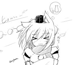 Rule 34 | &gt; &lt;, 1girl, animal ears, blush stickers, choko (cup), closed mouth, cold, cup, greyscale, hat, inubashiri momiji, monochrome, pom pom (clothes), scarf, taurine 8000mg, thought bubble, tokin hat, tokkuri, touhou, trembling, twitter username, wavy mouth, wind, wolf ears