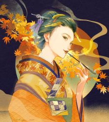 Rule 34 | 1girl, autumn leaves, black eyes, black hair, hair ornament, hair stick, hairclip, highres, itou shizu, japanese clothes, kimono, leaf, leaf print, looking at viewer, maple leaf, nihongami, open mouth, original, outdoors, signature, smoke, smoking, solo, upper body