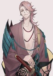 Rule 34 | 1boy, armor, bead necklace, beads, closed mouth, cowboy shot, grey background, grey eyes, highres, japanese armor, japanese clothes, jewelry, katana, kimono, long hair, looking at viewer, male focus, necklace, ogata tomio, pauldrons, pink hair, red kimono, sheath, sheathed, shoulder armor, simple background, single pauldron, smile, solo, souza samonji, standing, sword, touken ranbu, uneven eyes, weapon