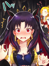Rule 34 | 1boy, 2girls, black hair, black ribbon, blonde hair, blush, calamity jane (fate), cave, closed eyes, collarbone, command spell, commentary request, earrings, embarrassed, fate/grand order, fate (series), fujimaru ritsuka (male), hair ribbon, holding hands, hoop earrings, interlocked fingers, ishtar (fate), itsumi mita, jewelry, multicolored hair, multiple girls, open mouth, red hair, ribbon, side ponytail, space ishtar (fate), space ishtar (second ascension) (fate), stalactite, streaked hair, sweatdrop, swept bangs, tiara, two-tone hair, two side up, vest, wide-eyed