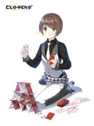 Rule 34 | 1boy, ace (playing card), ace of diamonds, ace of hearts, alternate hair color, belt, black bow, black shirt, black socks, bob cut, bow, brown hair, card, closed mouth, closers, collared shirt, copyright name, croupier, diamond (shape), dress pants, dress shirt, dress shoes, eight of clubs, eight of spades, facing viewer, five of hearts, four of clubs, full body, green eyes, hands up, heart, high heels, highres, holding, holding card, house of cards, king (playing card), king of spades, logo, long sleeves, looking down, male focus, mistilteinn (closers), necktie, nine of diamonds, nine of hearts, nine of spades, official art, on ground, pants, playing card, queen (playing card), queen of diamonds, seiza, shadow, shirt, short hair, sitting, six of hearts, smile, socks, solo, sparkle, sweat, swept bangs, tachi-e, ten of diamonds, three of diamonds, three of spades, vest, waistcoat, white background, white belt, white footwear, white necktie, white pants, white vest, wrist bow