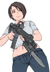 Rule 34 | 1girl, assault rifle, bayonet, breasts, brown eyes, brws, muzzle device, from below, grey shirt, groin, gun, hair over one eye, highres, kzm (sub-moa works), magazine (weapon), medium breasts, midriff, navel, original, rifle, shirt, short hair, solo, weapon, white background