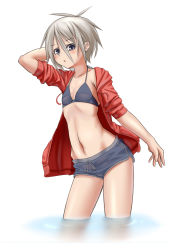 Rule 34 | 1girl, bikini, bikini top only, breasts, cleavage, flat chest, grey eyes, grey hair, highres, hood, hoodie, meian, myouan, navel, open clothes, open hoodie, original, short hair, short shorts, shorts, sleeves pushed up, small breasts, soaking feet, solo, swimsuit, wading, water